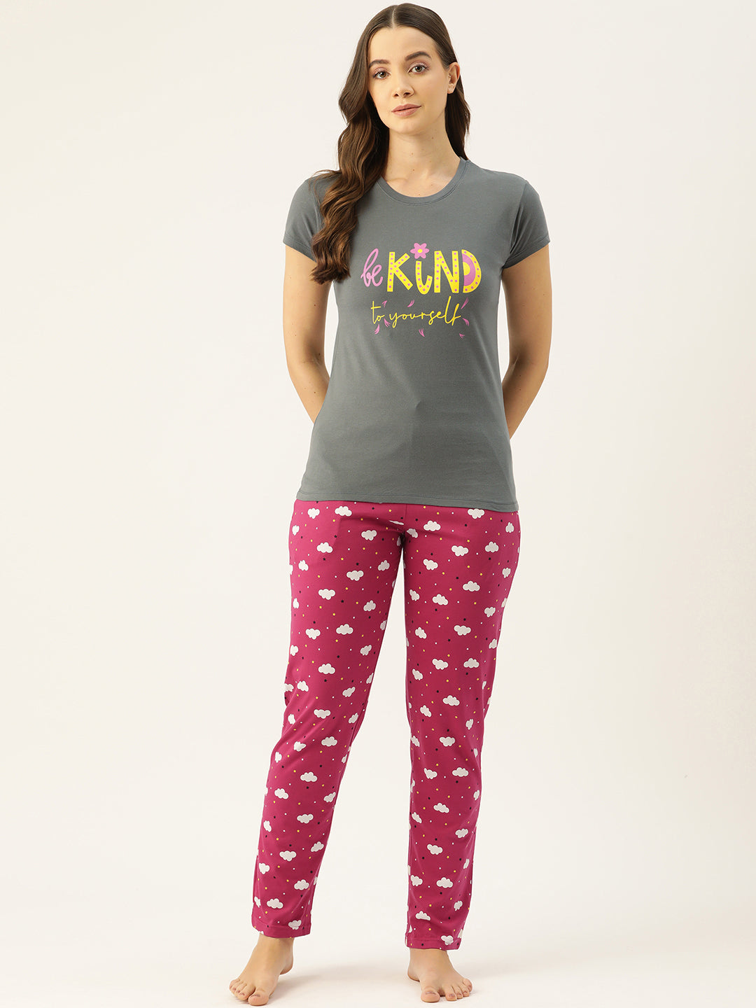 Womens Pink & Blue Coloured Cotton Printed Lounge Set
