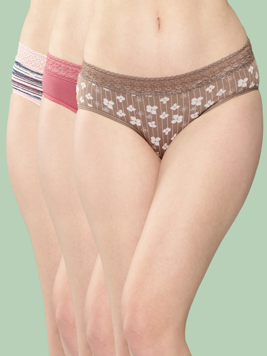 Women's Printed Mid Rise Hipster Lace Brief (Pack of 3)