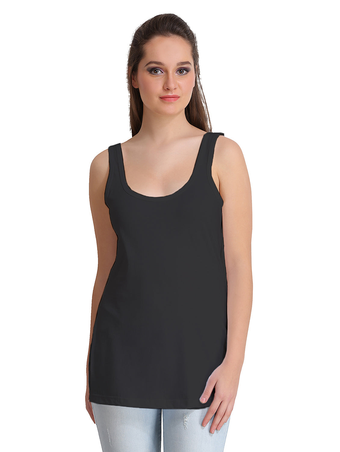 Women's Solid Black Pure Cotton Long Camisole | DC-140-BK-1 | Leading Lady