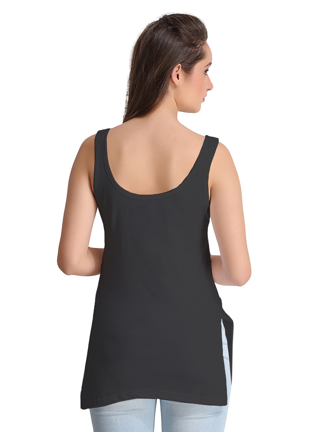 Women's Solid Black Pure Cotton Long Camisole | DC-140-BK-1 | Leading Lady